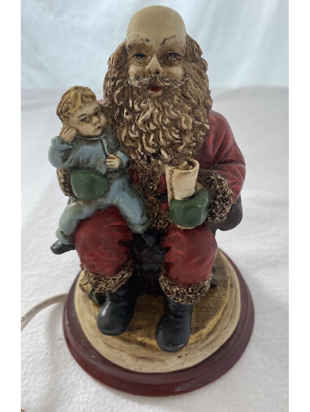 Christmas Novelty Resin Santa Lighted Painted Wood Base Sitting W/ Baby~Corded